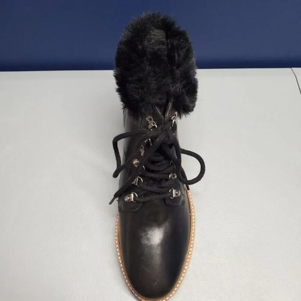 Botkier Winter Boots Women Size 7.5 Black Leather Faux Fur Trim Gum Sole Lace Up